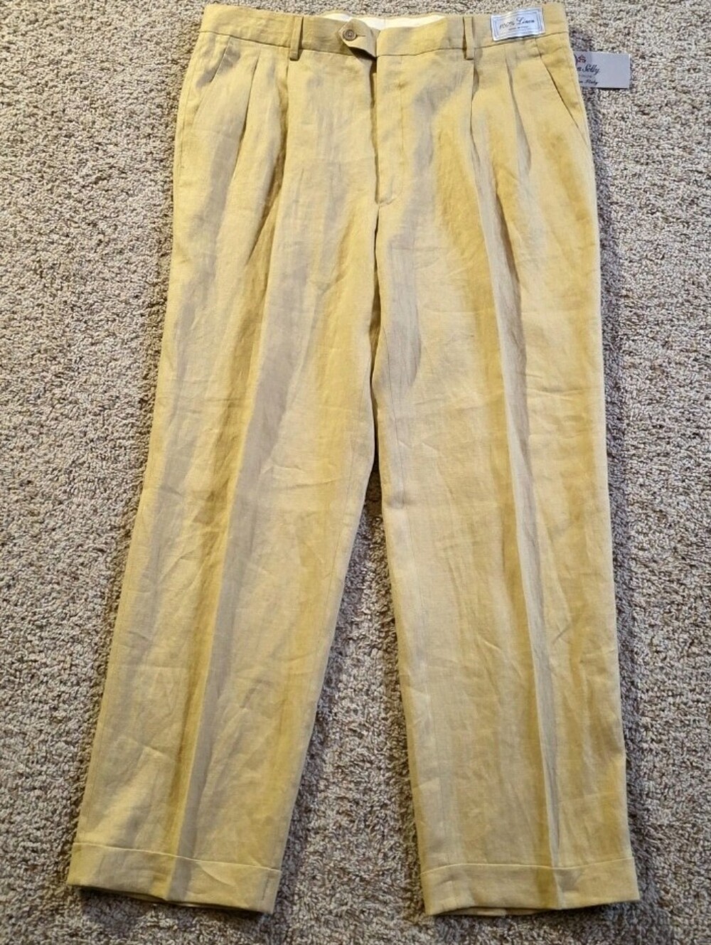 Allen Solly Pants Mens Size 38x30 Linen Yellow Pleated Dress Trousers Italy
